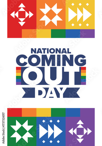National Coming Out Day. Happy holiday. Pride month. LGBT rainbow flag. Diversity and equality. Gay and lesbian. Free love, heart shape. Illustration. Vector poster
