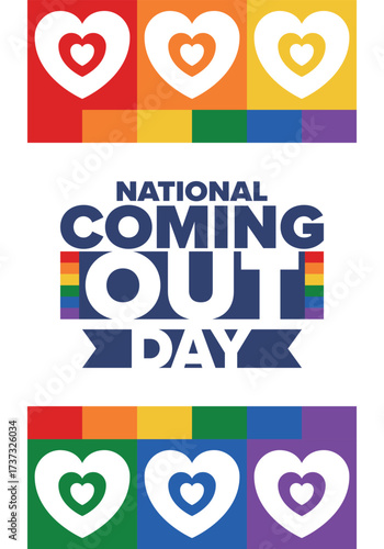National Coming Out Day. Happy holiday. Pride month. LGBT rainbow flag. Diversity and equality. Gay and lesbian. Free love, heart shape. Illustration. Vector poster