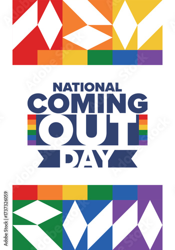 National Coming Out Day. Happy holiday. Pride month. LGBT rainbow flag. Diversity and equality. Gay and lesbian. Free love, heart shape. Illustration. Vector poster