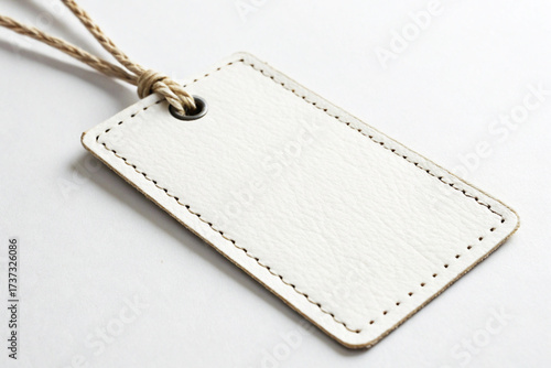 Blank white leather tag with yarn thread on white background, mockup