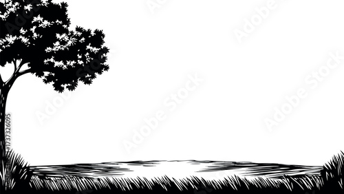 Monochromatic background featuring a stark black and white tree silhouette