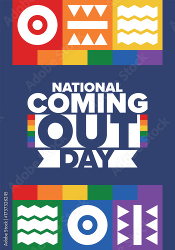 National Coming Out Day. Happy holiday. Pride month. LGBT rainbow flag. Diversity and equality. Gay and lesbian. Free love, heart shape. Illustration. Vector poster