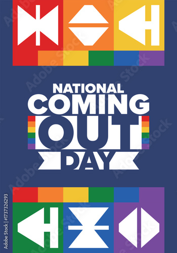 National Coming Out Day. Happy holiday. Pride month. LGBT rainbow flag. Diversity and equality. Gay and lesbian. Free love, heart shape. Illustration. Vector poster