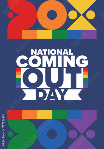 National Coming Out Day. Happy holiday. Pride month. LGBT rainbow flag. Diversity and equality. Gay and lesbian. Free love, heart shape. Illustration. Vector poster