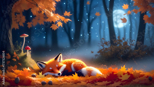 A serene, whimsical scene features a fox (Vulpes vulpes) sleeping on a bed of orange autumn leaves. The background includes a dense forest silhouetted against a full moon, creating a mystical nighttim