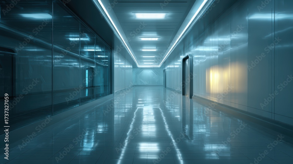 Fototapeta premium A sleek, modern hallway with bright lighting and reflective surfaces, creating a futuristic and clean atmosphere.