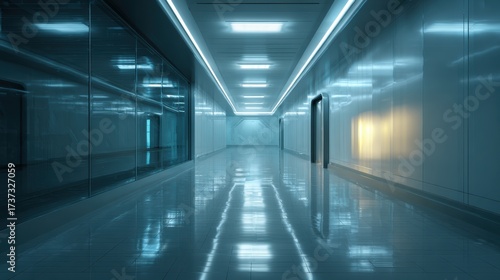 Wallpaper Mural A sleek, modern hallway with bright lighting and reflective surfaces, creating a futuristic and clean atmosphere. Torontodigital.ca