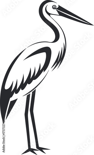 Stork Silhouette: A minimalistic, black and white depiction of a stork in a graceful pose, with its long beak and legs, capturing the elegance of the bird in a clean and modern style.