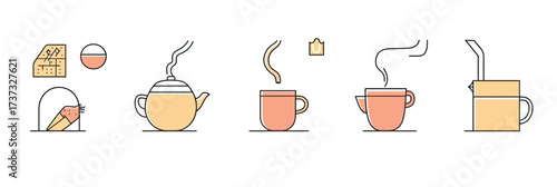 Minimalist line art icons set depicting tea brewing process with steaming teapot, hot cup with tea bag, and pouring cup in flat vector style