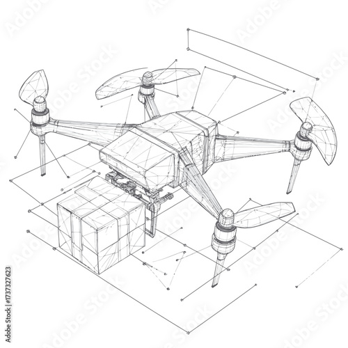 Wireframe digital 3D quadcopter drone carrying parcel package with polygonal connected dots and lines technology delivery concept