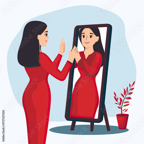 Woman in red dress looking at full length mirror reflection smiling with long black hair standing near potted plant flat vector illustration