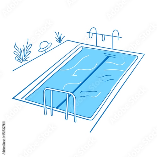 Hand drawn minimalist swimming pool with water surface, pool ladder, plants and hat on poolside, summer leisure concept vector illustration