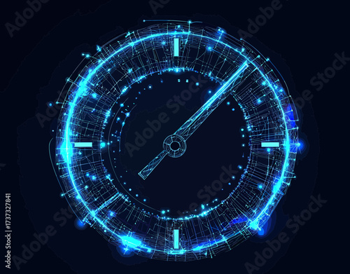 Futuristic digital speedometer gauge with glowing blue wireframe mesh and dynamic low poly network design on dark background for high speed concept