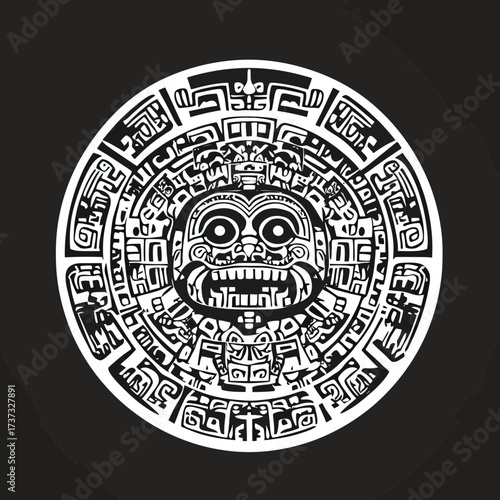 Mayan Aztec calendar stone black and white vector illustration with intricate ancient tribal symbols and geometric patterns in circular design on dark background
