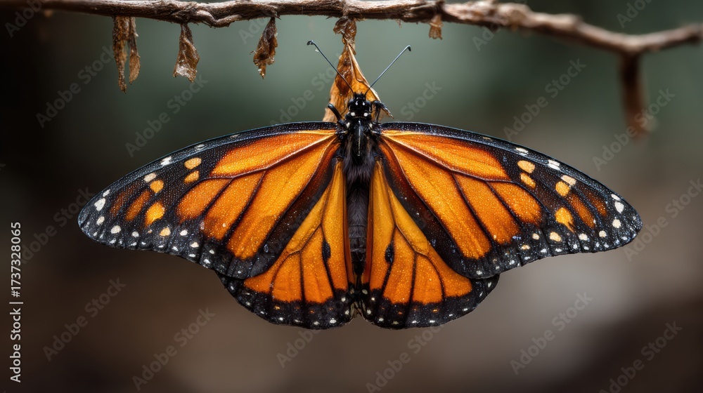 Fototapeta premium A vibrant monarch butterfly perched gracefully on a branch, showcasing its stunning orange and black wings.