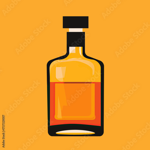Minimalist vector illustration of whiskey bottle with amber liquid isolated on orange background flat design style for label or packaging concept