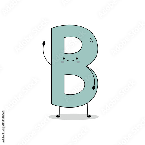 Cute letter B cartoon character waving hand hi doodle