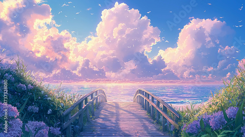 A serene pathway leads to a vibrant ocean, framed by lush flowers and majestic clouds under a bright sky.