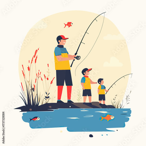 Father and two sons fishing by riverside with fishing rods and colorful fish in flat minimalist vector style outdoor family activity scene
