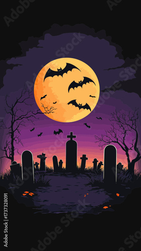 Halloween graveyard scene with large orange full moon silhouette bats flying over old tombstones and spooky dark trees at dusk vector illustration