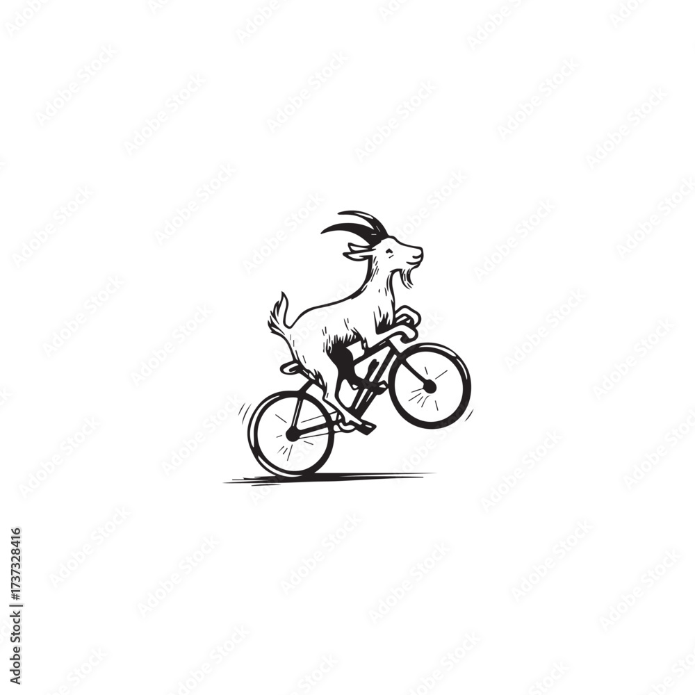 Fototapeta premium Black and White Goat Riding a Bike Illustration in Simple Vector Line Art Minimalist Style Design