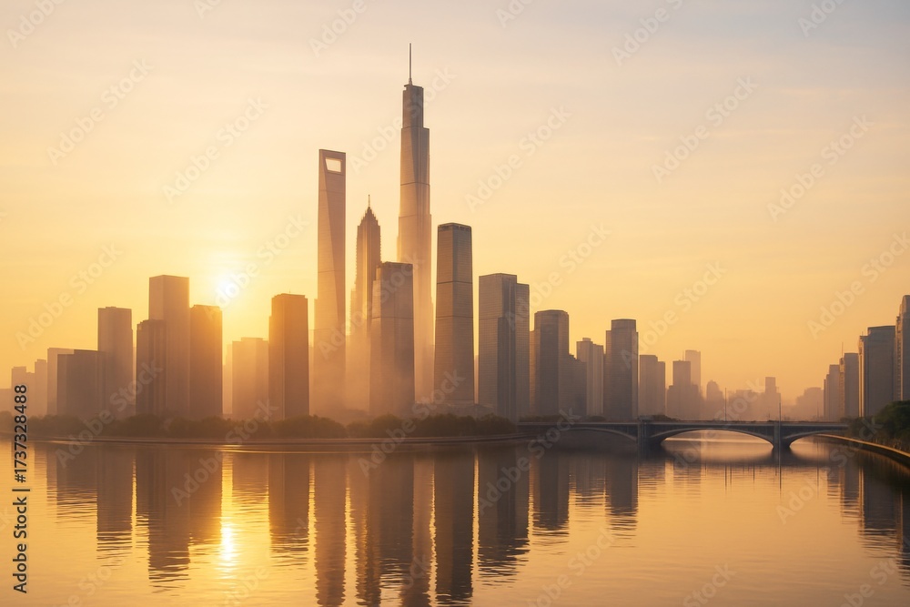 Fototapeta premium Modern city skyline with tall skyscrapers and river reflection at sunrise in warm golden light and soft atmospheric background haze. Ai generative