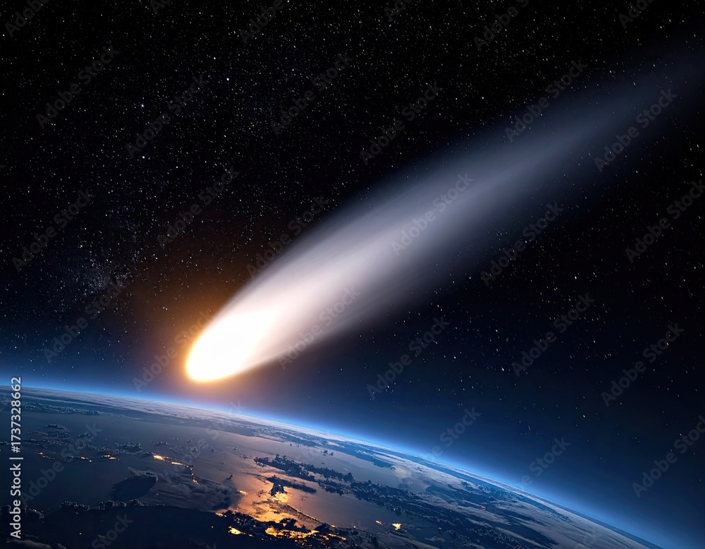 Obraz premium Fiery comet streaks across Earth's atmosphere
