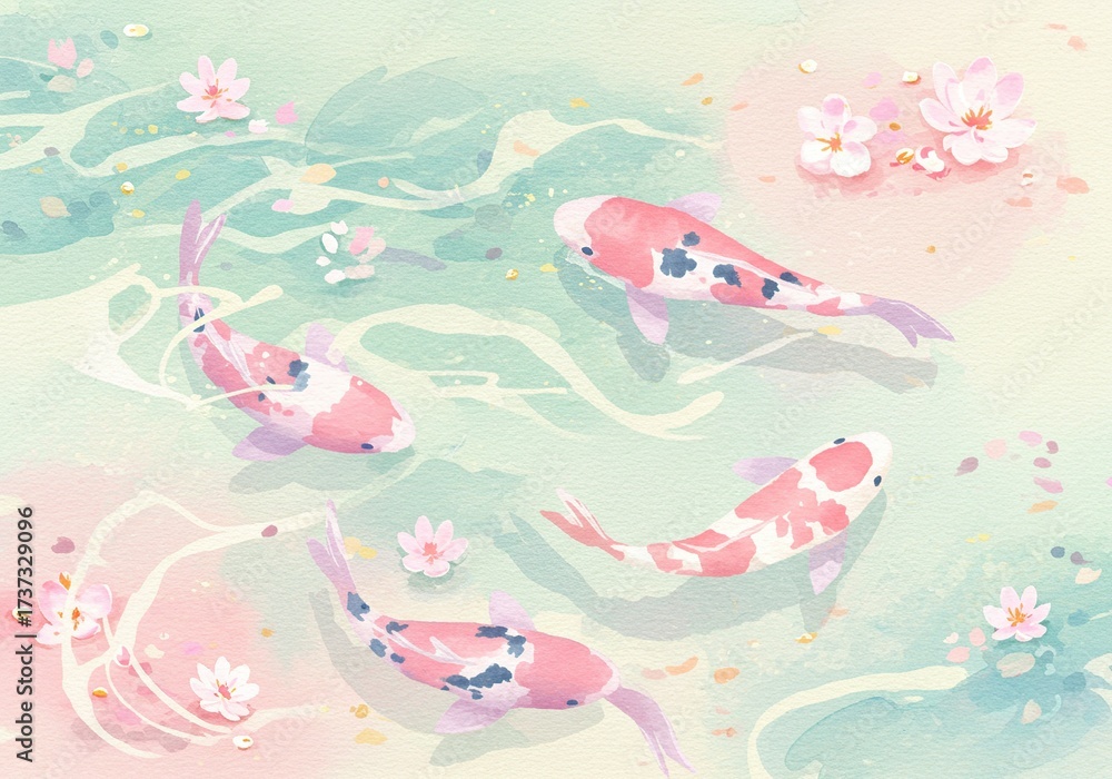 Fototapeta premium Koi Fish Swimming in a Serene Pond with Cherry Blossoms.
