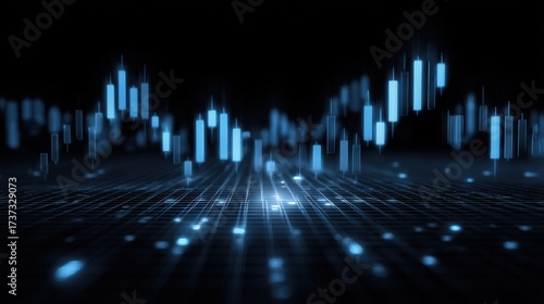 Abstract digital finance chart with glowing blue candlesticks on a dark background representing market trends.