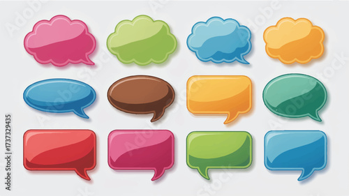 A set of 11 colorful speech bubble icons arranged in two rows on a white background