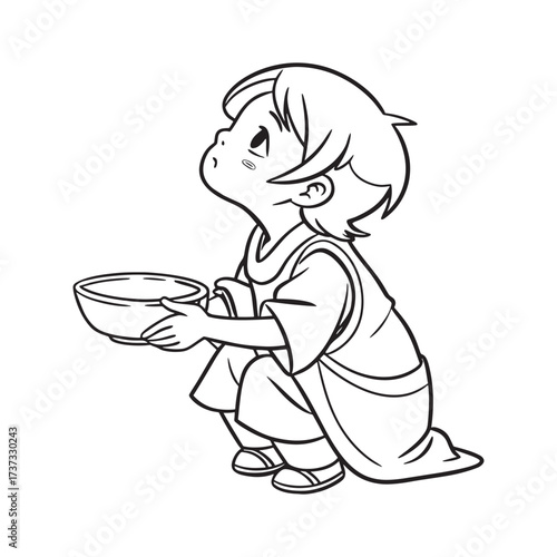 Cute child holding empty bowl looking up hopeful with open hands gentle art style