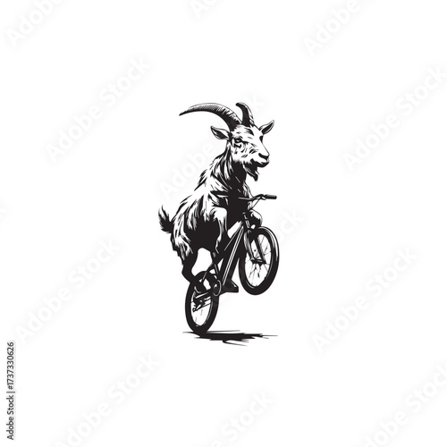 Black and White Goat Riding a Bike Illustration in Simple Vector Line Art Minimalist Style Design