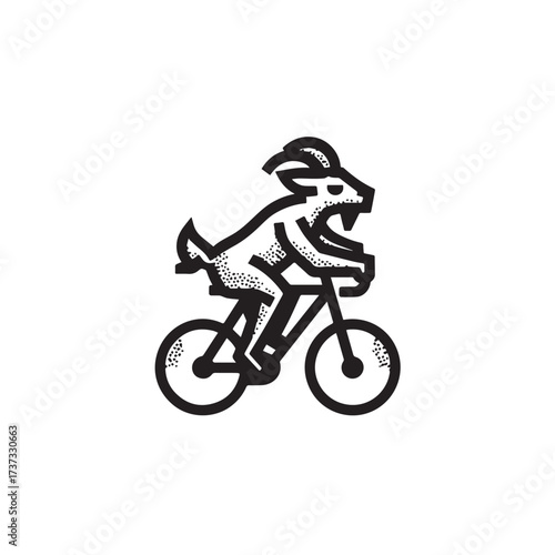 Black and White Goat Riding a Bike Illustration in Simple Vector Line Art Minimalist Style Design