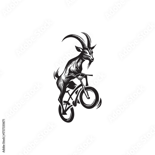 Black and White Goat Riding a Bike Illustration in Simple Vector Line Art Minimalist Style Design