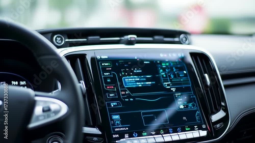 Wallpaper Mural Close-up of a modern car's dashboard with a large touchscreen display, showing various controls and information Torontodigital.ca