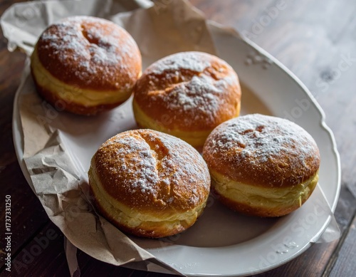 Wallpaper Mural Four donuts dusted in powdered sugar on an ornate white plate Torontodigital.ca