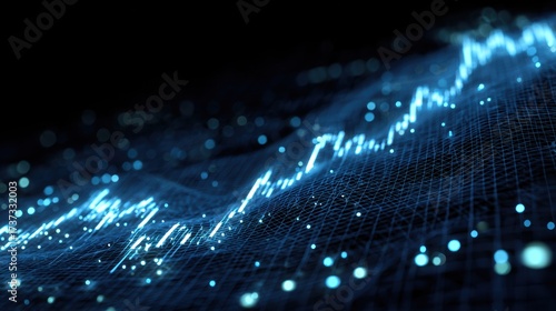 Futuristic digital graph illustrating market trends with glowing blue lines and dots on a dark background.