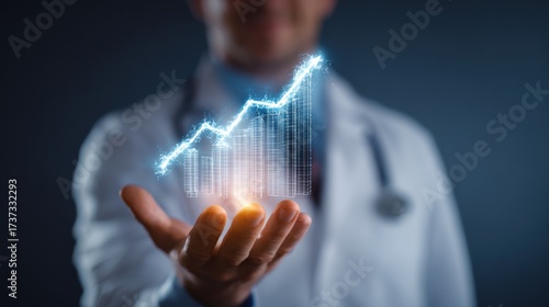 Healthcare professional analyzing statistics with a digital growth graph representation in their hand.