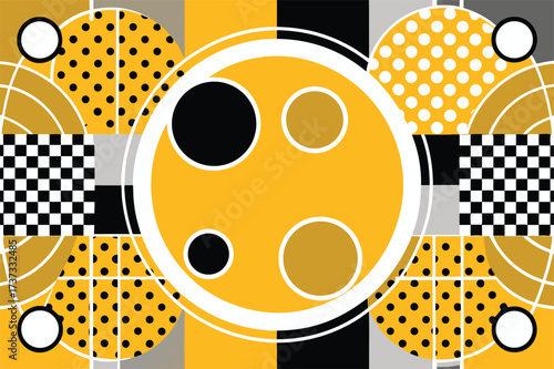 Abstract geometric composition with a central yellow circle featuring black and beige circles and surrounding patterned elements in yellow black and white
