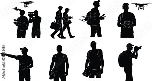 Drone and camera silhouettes, teamwork photography, drone operator, tripod filming, outdoor exploration, videography, inspection, technology usage, innovation, lifestyle illustration