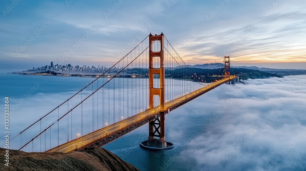 Fototapeta premium Golden Gate Bridge glowing in fog with city skyline in background, creating serene atmosphere