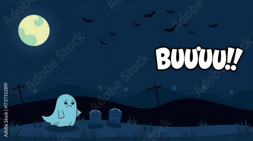 Cute ghost in a graveyard at night with a full moon and bats