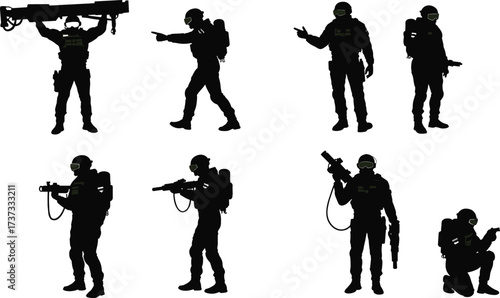 Armed soldier silhouettes, tactical gear, military operation, combat poses, night vision, weapon