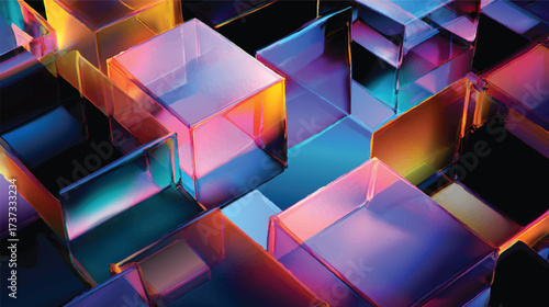 A vibrant abstract composition of translucent geometric shapes with colorful gradients, creating a modern and dynamic visual effect