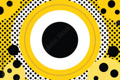 Abstract geometric artwork featuring a central black oval within a bright yellow ring surrounded by a vibrant yellow background with black dots and polka dot patterns