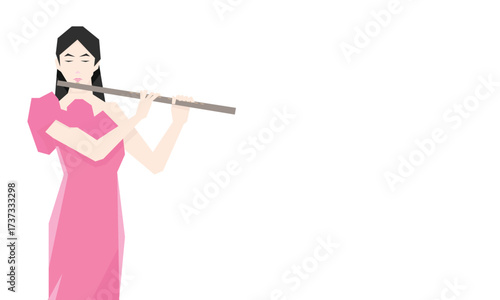 Isometric Woman plays the flute. Flute woodwind orchestral instrument. Flat Background.