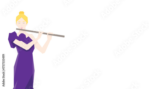 Isometric Woman plays the flute. Flute woodwind orchestral instrument. Flat Background.