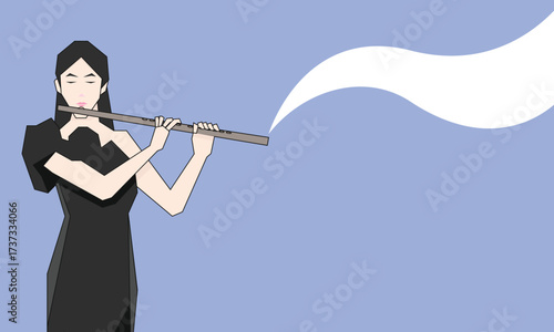 Isometric Woman plays the flute. Flute woodwind orchestral instrument. Flat Background.