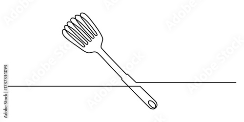 Kitchen spatula one line art, hand-drawn slotted turner kitchenware continuous drawing contour. Non-stick cookware, chef cooking utensil food preparation home-cooked cuisine. Editable stroke. Isolated