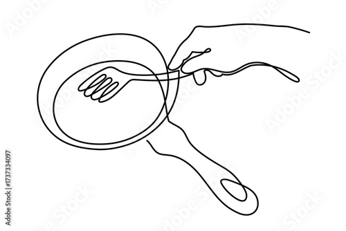 Hand holds kitchen spatula one line art, hand-drawn slotted turner kitchenware continuous drawing contour. Non-stick cookware, chef cooking utensil food preparation home-cooked cuisine. Editable